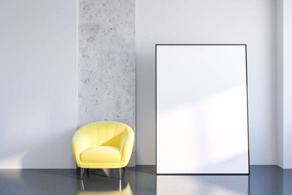 Interior of minimalistic living room with white and stone walls, gray floor and yellow armchair standing near vertical poster on the floor. 3d rendering mock up