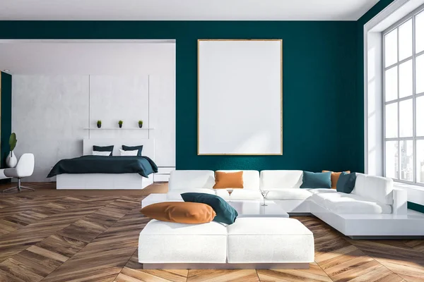 Interior of living room with blue walls, wooden floor, big windows, white sofa standing near square coffee table with bedroom in the background. Vertical poster 3d rendering mock up
