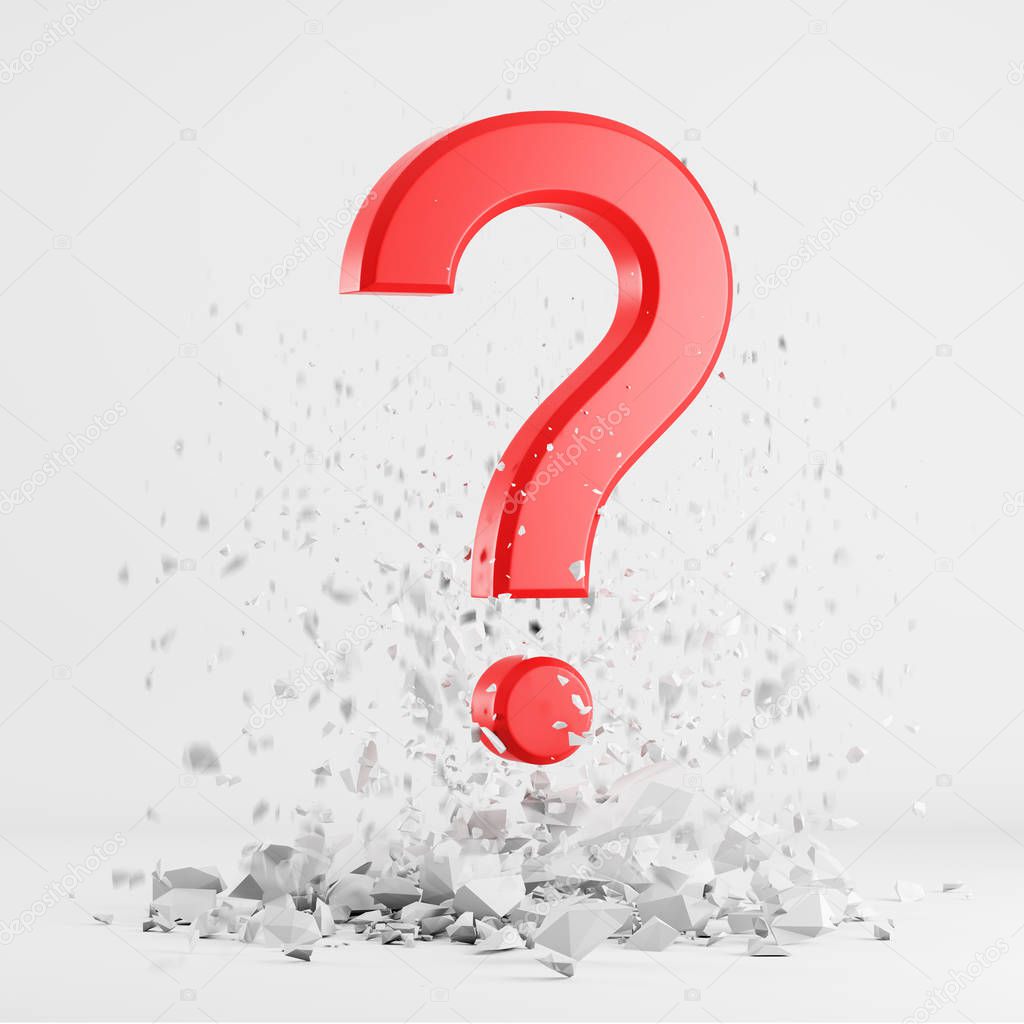 Red question mark with white stones falling around it over white background. Concept of searching for answer. 3d rendering