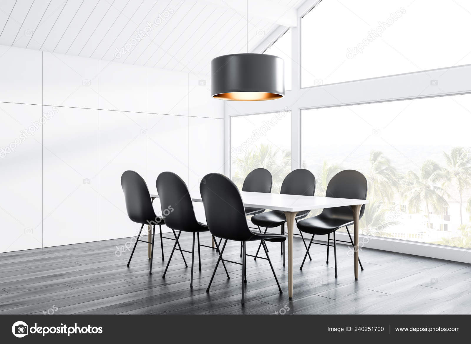 Corner Attic Dining Room White Walls Ceiling Dark Wooden Floor