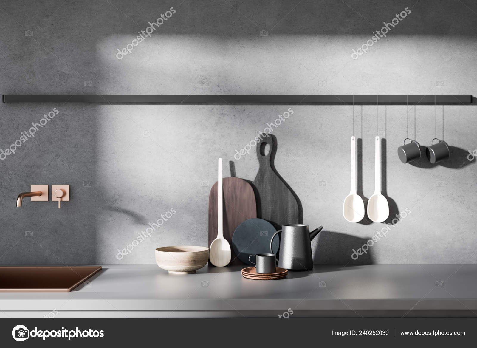 Close Gray Kitchen Countertop Cutting Boards Built Sink Standing