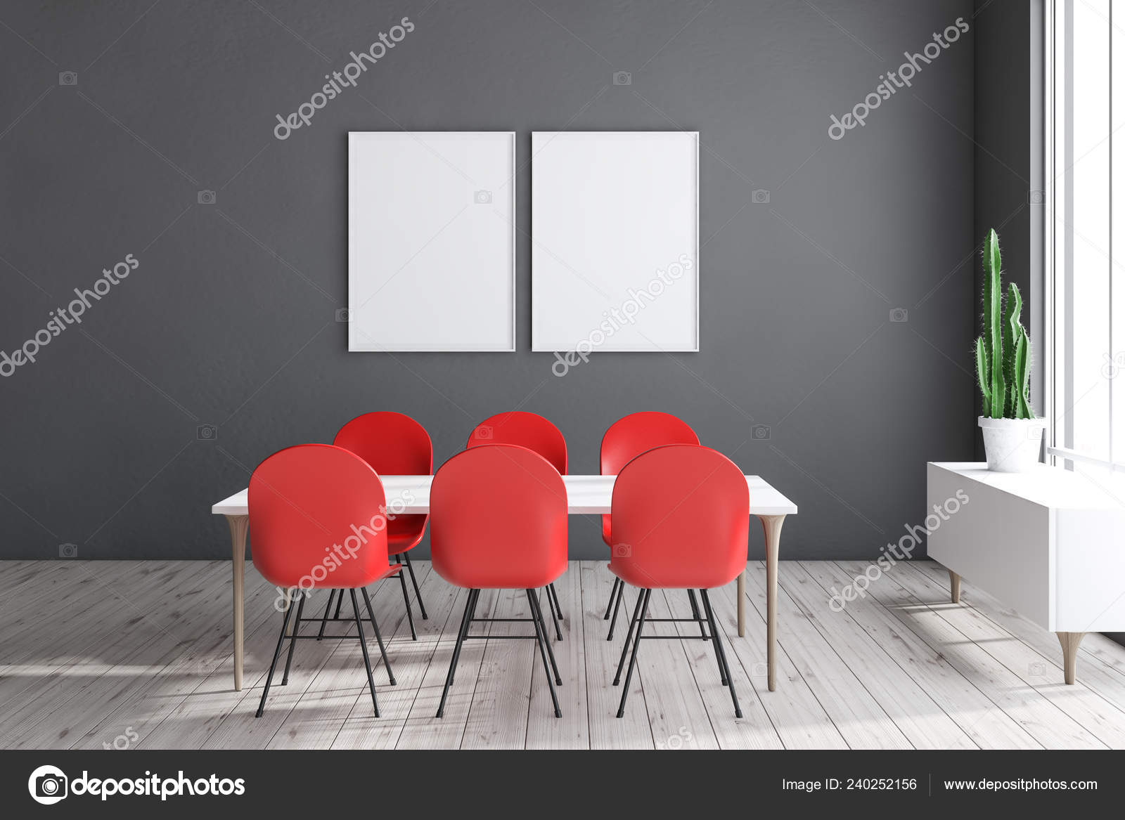 灰色の壁 木の床 大きな窓 赤い椅子の長い白いテーブルとミニマリズムのダイニング ルームのインテリア それの上にサボテンと白いキャビネット つの垂直のポスター レンダリングをモックアップします ストック写真 C Denisismagilov