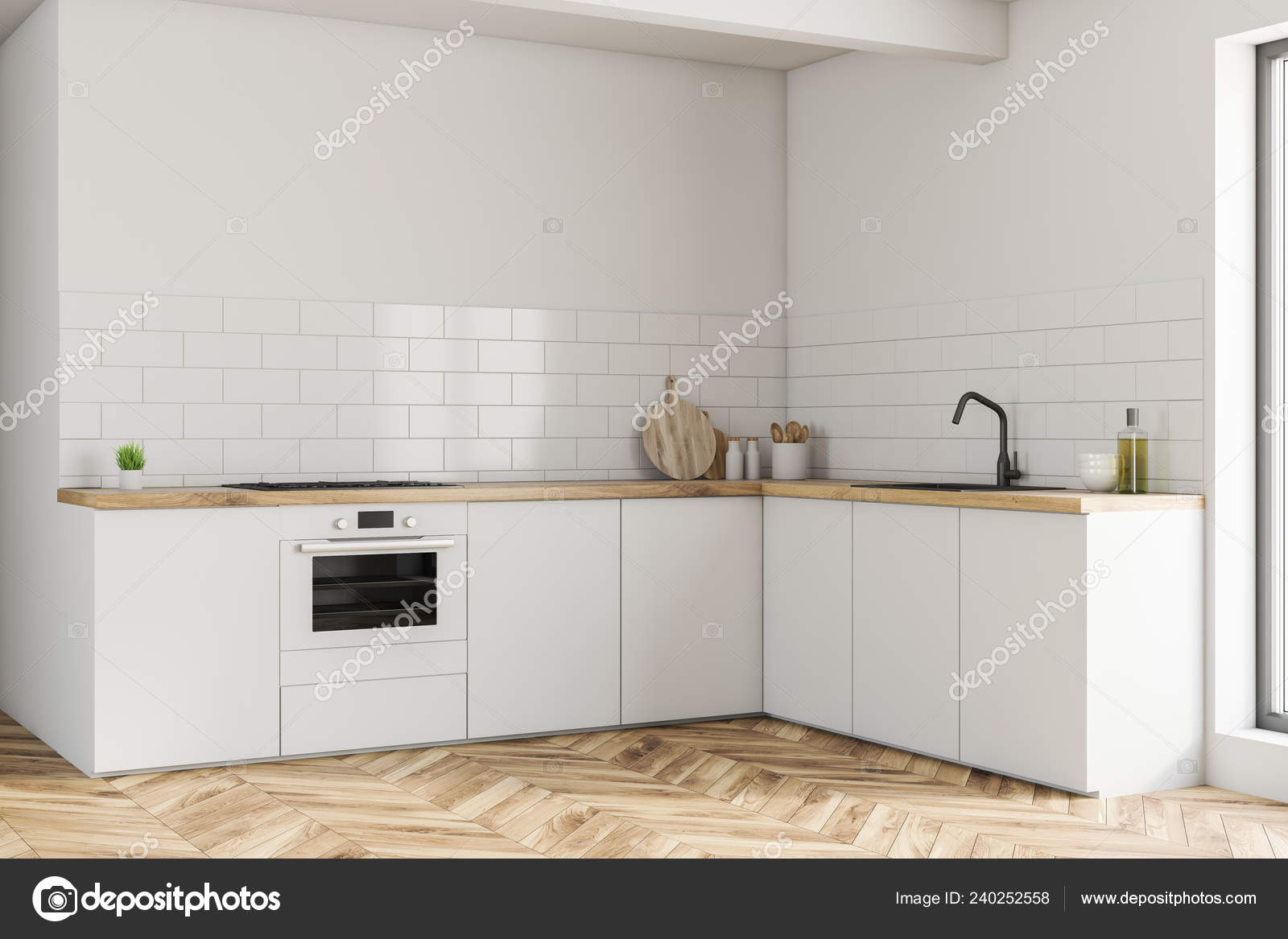 Corner Small Kitchen White Walls Wooden Floor White Countertops