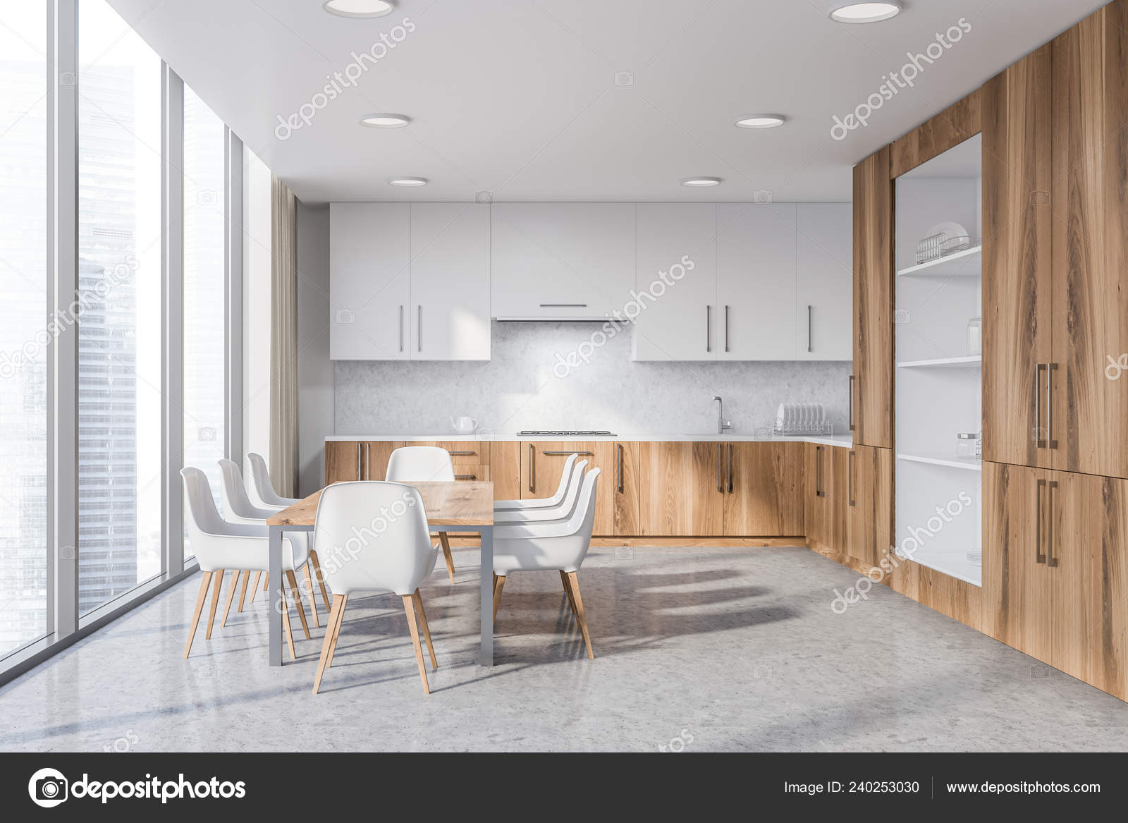 Interior Modern Kitchen White Concrete Walls Concrete Floor Wooden