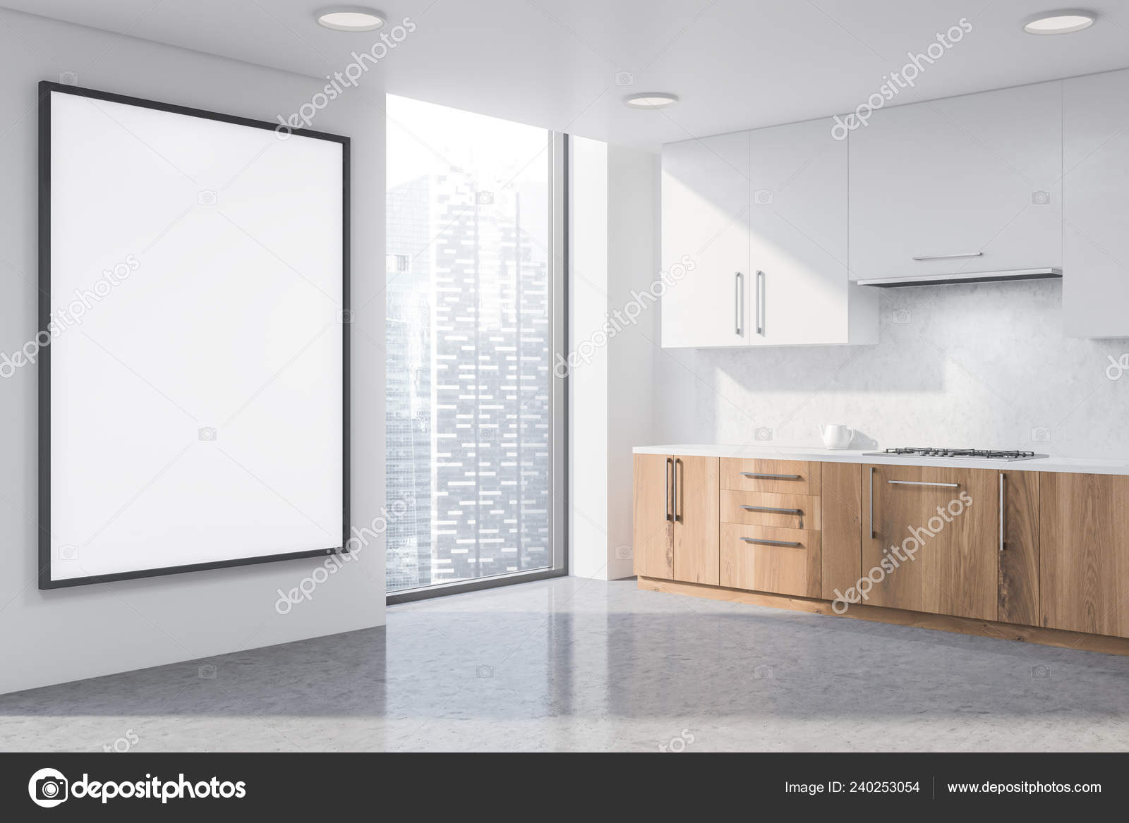 Corner Stylish Kitchen Concrete White Walls Concrete Floor Wooden Countertops Stock Photo Image By Denisismagilov 240253054