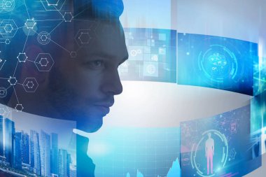 Sakallı sürükleyici iş telekomünikasyon arabirimi arayan ciddi genç işadamı yan görünüm. Çift tonlu görüntü pozlaması