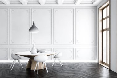 Beyaz duvarları, ahşap zemin, uzun boylu windows ve beyaz sandalye ile yuvarlak masa ile lüks yemek odası iç. 3D render