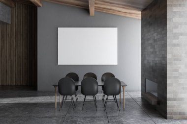Tavan arası yemek odası iç gri ve ahşap duvarlar ile gri döşeli kat, gri sandalye ve şömine ile siyah tablo. Yatay poster. 3D render alay