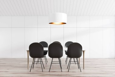 İç tavan yemek odası beyaz duvarlar ve tavan, ahşap zemin ve üstündeki büyük tavan lambası ile gri sandalye ile uzun tablo. 3D render