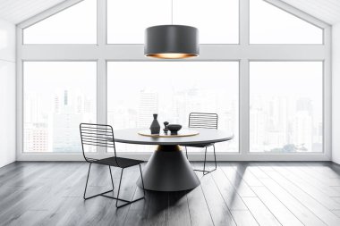 İç tavan yemek odası beyaz duvarlar ve tavan, koyu ahşap zemin, büyük pencere ve metal sandalyeler ile yuvarlak masa. 3D render