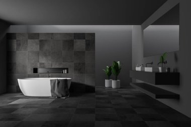 Gri ve siyah taş duvarlar, beyaz küvet ve çift lavabo üzerinde asılı gri havlu ile ile şık banyo iç. 3D render