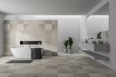 Beyaz ve bej döşeme duvarlar, beyaz küvet ve çift lavabo üzerinde asılı gri havlu ile ile şık banyo iç. 3D render