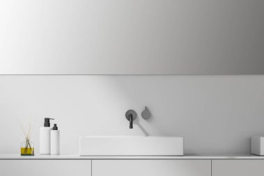 Banyo lavabo beyaz countertop beyaz duvarları ve büyük yatay ayna ile odada tutuyoruz. 3D render