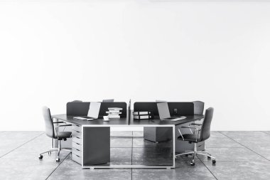 İç beyaz duvarlı minimalist Office gri zemin ve dizüstü bilgisayarlarda bu orijinal altıgen bilgisayar masasi döşenir. 3D render