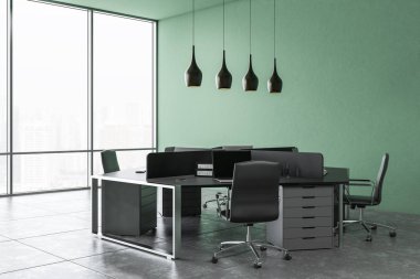 Minimalist office yeşil duvarlar ile iç, gri zemin ve dizüstü bilgisayarlarda bu orijinal altıgen bilgisayar masasi döşenir. 3D render