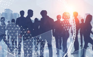 Gezegen hologram çift pozlama ile siluetleri cityscape arka plan üzerinde çeşitli iş takım üyelerinin. Uluslararası şirket kavramı. Tonlu görüntü