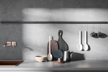 Gri Mutfak Tezgah kesme tahtaları ve yapılı içinde lavabo mutfak Gri duvarlar ile ayakta, yakın çekim. 3D render