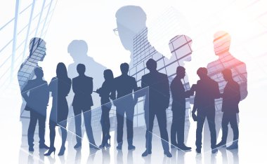 Siluetleri yöneticilerinin ve gökdelen arka plan üzerinde iletişim iş adamları. Kurumsal yaşam tarzı kavramı. Çift tonlu görüntü pozlaması