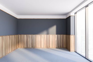 İç gri ve ahşap duvarlar, halı kaplı zemin ve büyük pencere ile küçük boş odası. İç Tasarım kavramı. 3D render
