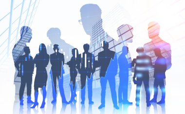 Siluetleri yöneticilerinin ve iş adamları iş Forex grafik çift pozlama ile gökdelen arka plan üzerinde tartışıyor. Borsa kavramı. Tonlu görüntü