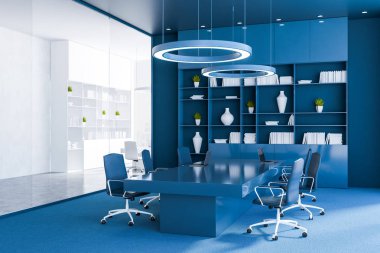 Toplantı odası mavi duvarlar ve zemin ile uzun bir masa mavi sandalye ve mavi kitaplık ile office köşesinde. 3D render