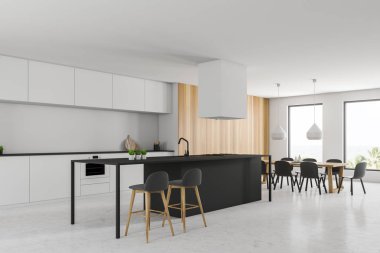 Beyaz duvarları, taş zemine, beyaz mutfak tezgahı, siyah bar tabureleri ile ve uzun ahşap tablo gri sandalye ile modern mutfak köşesinde. 3D render