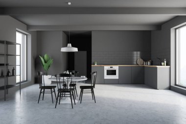 Gri duvarlar, beton zemin, gri mutfak tezgahı, mutfak iç yuvarlak siyah sandalye ve dolap ile beyaz masa. 3D render