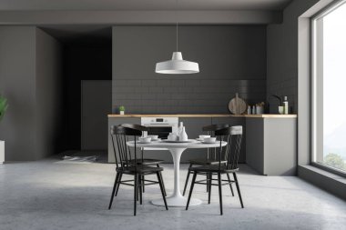 Gri duvarlar, beton zemin, gri mutfak tezgahı ve siyah sandalye ile yuvarlak beyaz masası ile mutfak iç. 3D render