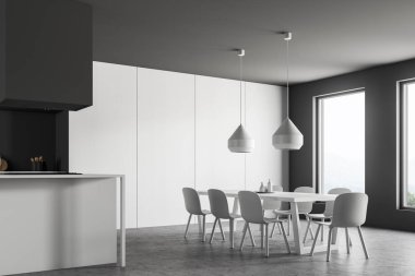 Gri duvarlar, taş zemine, gri mutfak tezgahı, beyaz dolap, beyaz ada ve uzun beyaz masa sandalye ile şık mutfak köşesinde. 3D render