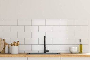 İç modern mutfak beyaz ve tuğla duvarlı ve beyaz ve ahşap mutfak tezgahı ile lavaboda inşa. 3D render