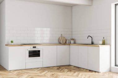 Beyaz duvarları, ahşap zemin ve yerleşik fırın ve lavabo beyaz mutfak tezgahı ile küçük mutfak köşesinde. 3D render
