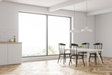 Beyaz duvarları, ahşap zemin, geniş pencere, arka koltukları ve beyaz mutfak tezgahı ile uzun ahşap masa ile küçük yemek odası iç. 3D render