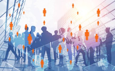 Küresel insan çift pozlama ile gökdelen arka plan üzerinde çeşitli iş takım üyelerinin siluetleri hologram ağ. Tonlu görüntü. Nasa tarafından döşenmiş bu görüntü unsurları