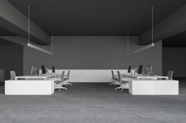 Modern açık alan ofis Gri duvarlar ve zemin ve gri sandalye ile beyaz bilgisayar tabloları satırları yan görünüm. Dolap duvarın yanında. 3D render