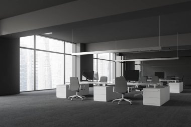 Modern ofis açık alan alan beyaz bilgisayar masaları ve gri sandalyeler ve toplantı odası cam duvarın arkasında Gri duvarlar ve zemin, büyük pencereler, köşesinde. 3D render