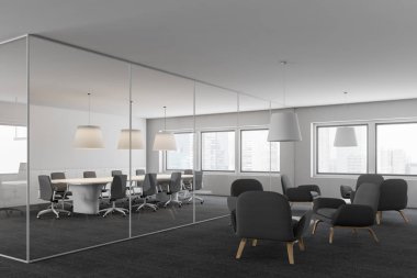 Toplantı salonu ile beyaz ve cam duvarlar, halı kaplı zemin ve siyah sandalye ile uzun tablo office yan görünüm. Office lounge koltukları ve yuvarlak masa yakınında. 3D render