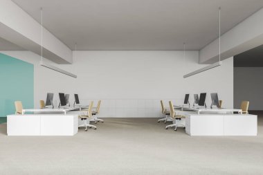 Modern açık alan office beyaz duvarlar ve zemin ve bej sandalye ile beyaz bilgisayar tabloları satırları ile yan görünüm. Dolap duvarın yanında. 3D render