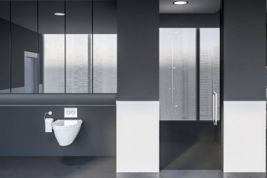Modern banyo beyaz ve gri duvarlar, beton zemin, tuvalet ve duş cam kapının arkasında iç. 3D render