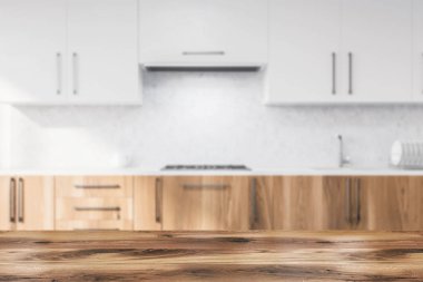 İç beton duvarlar ile modern mutfak, lavabo ve Ocak ve beyaz dolapları ile ahşap mutfak tezgahı inşa. 3d render bulanık