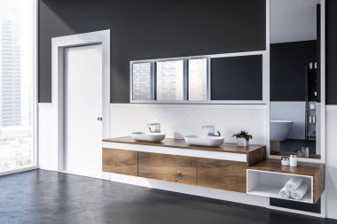 Modern banyo beyaz ve gri duvarlar, beton zemin, Çift üstündeki dikey ve yatay ayna ile ahşap tezgah lavabo ayakta ve bir kapı köşesinde. 3D render