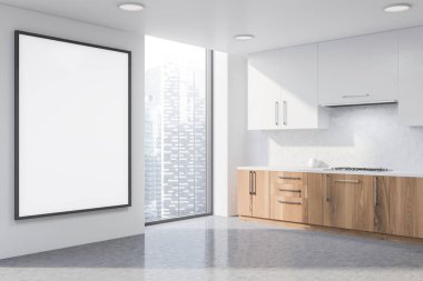 Beton ve beyaz duvarlar, beton zemin, ahşap mutfak tezgahı ve beyaz dolapları ve dikey poster ile şık mutfak köşesinde duvara. 3D render alay