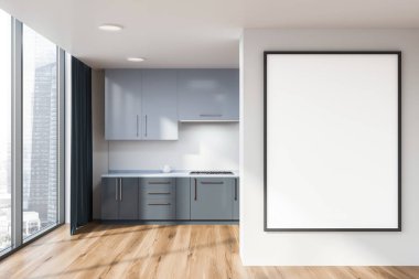 Beyaz duvarları, ahşap zemin, gri mutfak tezgahı ve dolapları ve dikey poster ile panoramik mutfak iç. 3D render alay