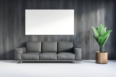 Gri ahşap duvarlar, halı kaplı zemin, minimalist oturma odası iç uzun deri koltuk ile büyük Saksı bitki ve yatay poster. 3D render alay