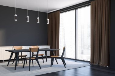 Şık yemek odası ile gri duvarlar, siyah ahşap zemin, geniş pencere perdeleri, uzun, siyah ahşap masa sandalye ve ahşap dolap ile köşesinde. 3D render