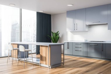 Beyaz duvarları, ahşap zemin, gri mutfak tezgahı ve dolapları ile panoramik mutfak ve dışkı ile beyaz ve ahşap bar köşesinde. 3D render