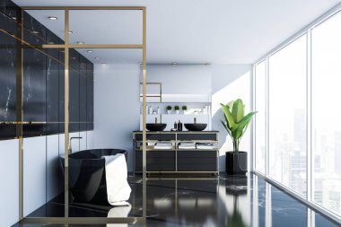 Panoramik banyo beyaz ve siyah mermer duvarlar, siyah küvet ve siyah tezgah üzerinde çift lavabo duran yan görünüm. 3D render