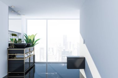 Panoramik banyo beyaz duvarlar, siyah mermer zemin, bir tuvalet ve üstündeki yatay ayna ile siyah tezgah üzerinde çift lavabo duran iç. 3D render