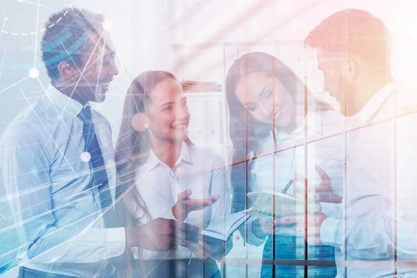 Cheerful Diverse Young Managers Discussing Work Office Double Exposure Skyscraper — Stock Photo, Image