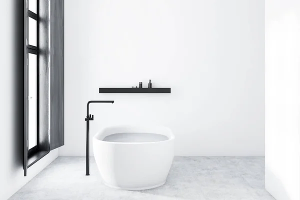 Intérieur Salle Bain Minimaliste Avec Murs Blancs Sol Béton Baignoire — Photo