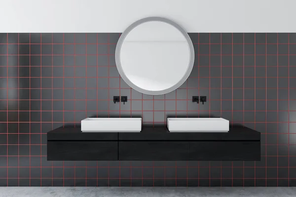 Interior Bathroom White Black Tile Walls Concrete Floor Double Sink — Stock Photo, Image